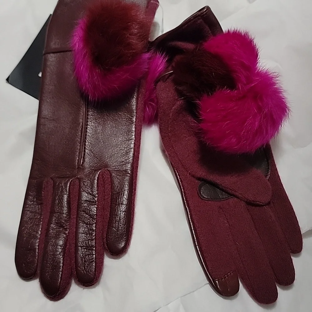 Nwt Echo Leather Cashmere Wool Colorblock Fur Pom Pom Gloves Maroon Pink